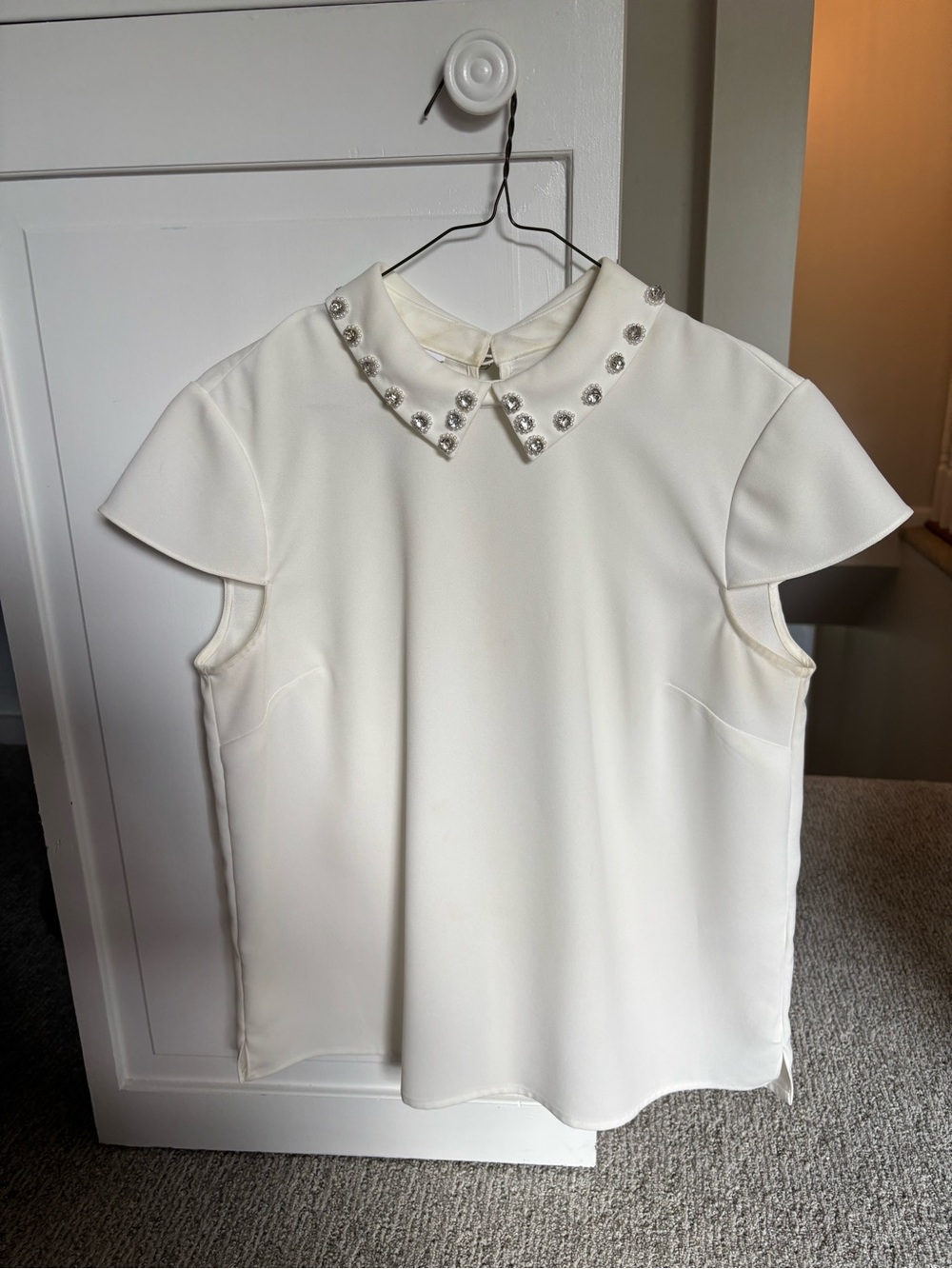 Ted Baker Ivory Jeweled Peter Pan Collar Cap-Sleeve Blouse